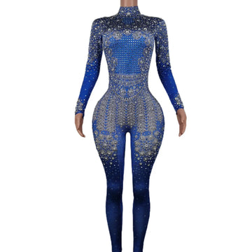 Fashion Women Long Sleeve Stretch Leotard Skinny Crystal Bodysuit Dancer Leggings Outfit Evening Prom Party Rhinestone Jumpsuit