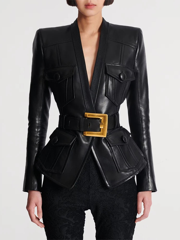 Designer Jacket Women's Belt Slim Fitting Leather Button Pocket Decoration Artificial Leather Blazer