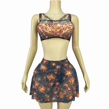 Sexy Printing Halloween Twinkling Rhinestones Top Skirt Split Dress Set Birthday Party Show Outfit Stage Performance Costume