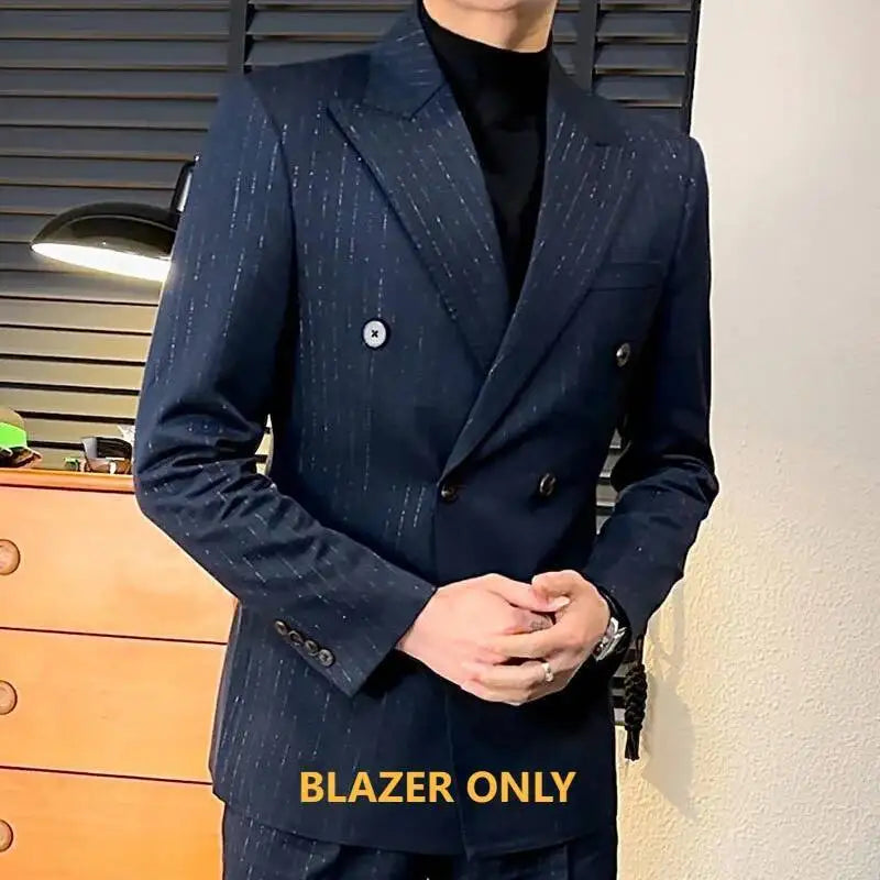 Lurex Yarn Casual Double Breasted Stripe for Men Blazer Masculino British Daily Men Blazer Hombre Fashion Shiny Slim Blazer