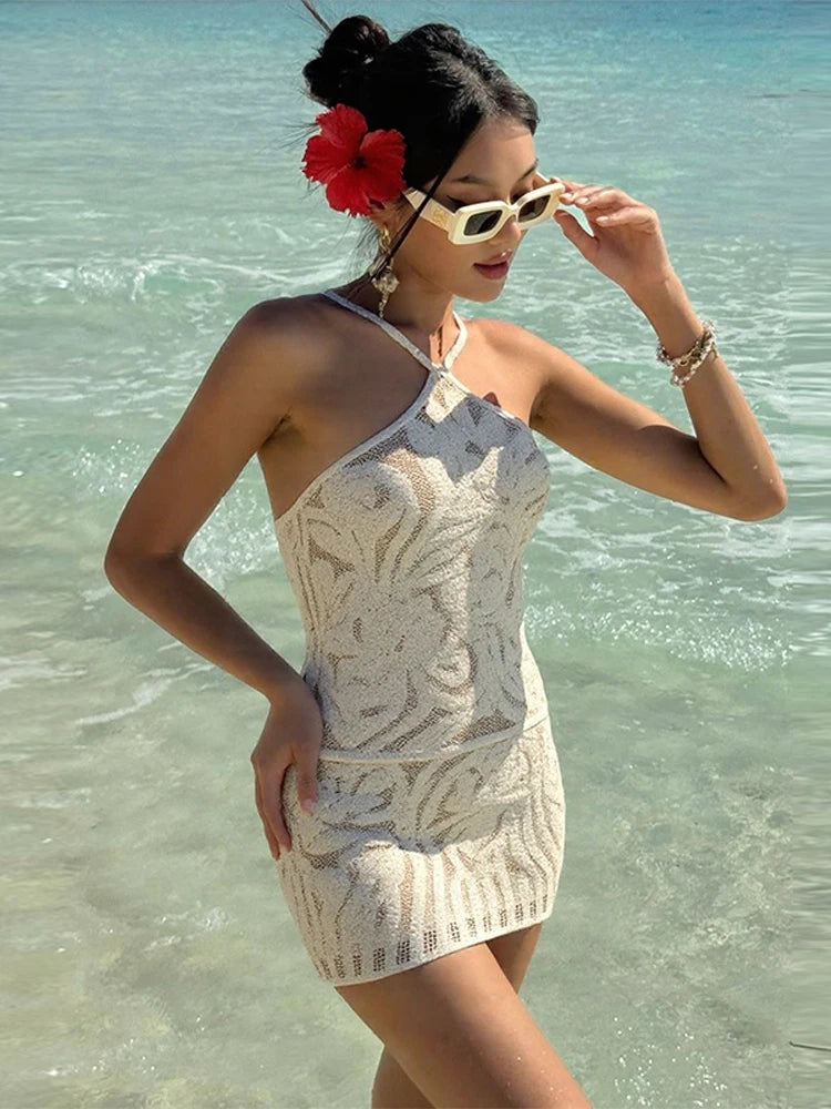 Fashion Embroidery Halter Short Dress Sleeveless Lace Up Backless Hip Package Vestidos Summer Elegant Female Beach Dresses