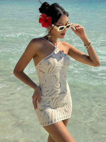 Fashion Embroidery Halter Short Dress Sleeveless Lace Up Backless Hip Package Vestidos Summer Elegant Female Beach Dresses