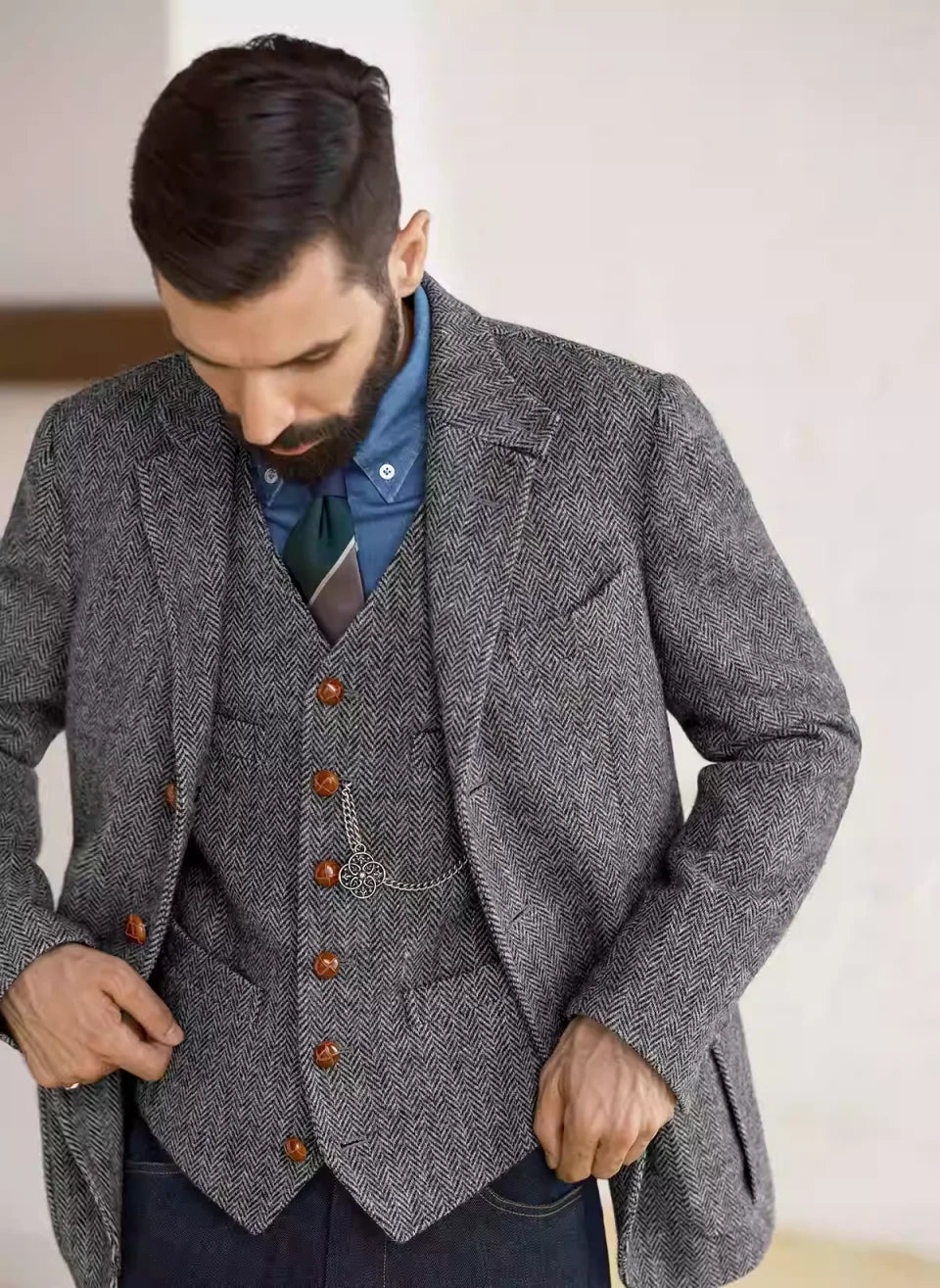 Casual Men Coat Herringbone 2 Piece Set Jacket Vest Trench Coats Classic Fit Single Breasted Business Blazers Customized