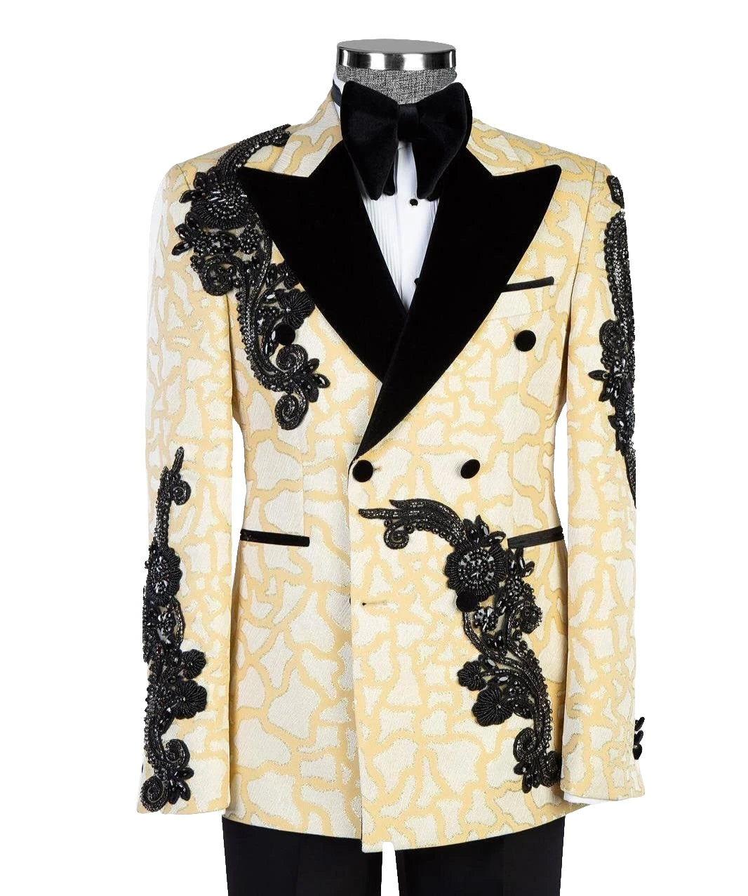 Luxury Men's Suits Appliques Beading Tailor-Made Peaked Lapel Jacket Double Breasted Blazer Groom Customized Coat Black Pants