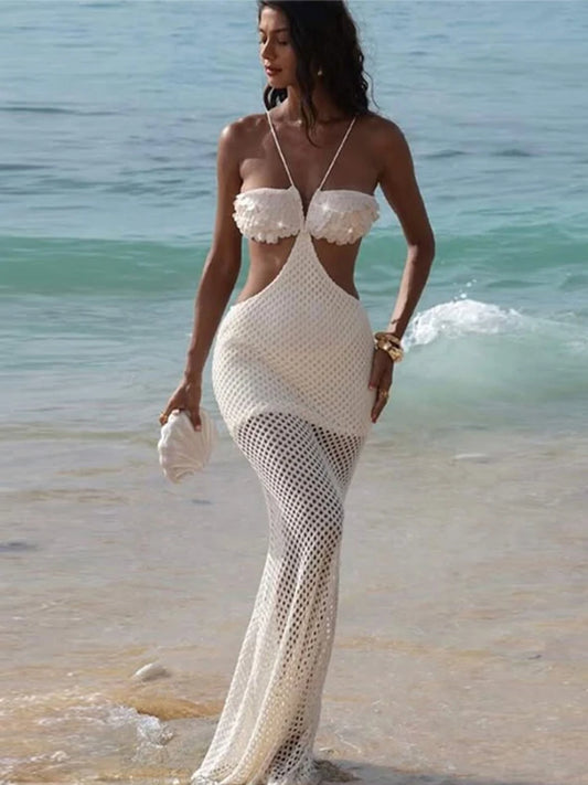 Sequins Patchwork Halter Hollow Out Dress Women Backless Off Shoulder Slim See Through Summer Beach Dresses Evening Chic