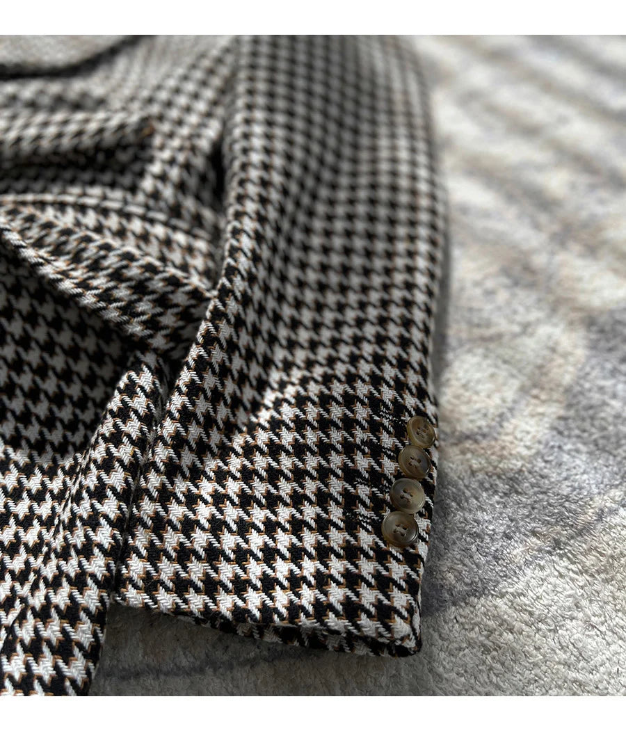 Houndstooth Woolen Blen Dplaid Retro Casual Men's Coat Slim Long Sleeve Belt Suit 2PC