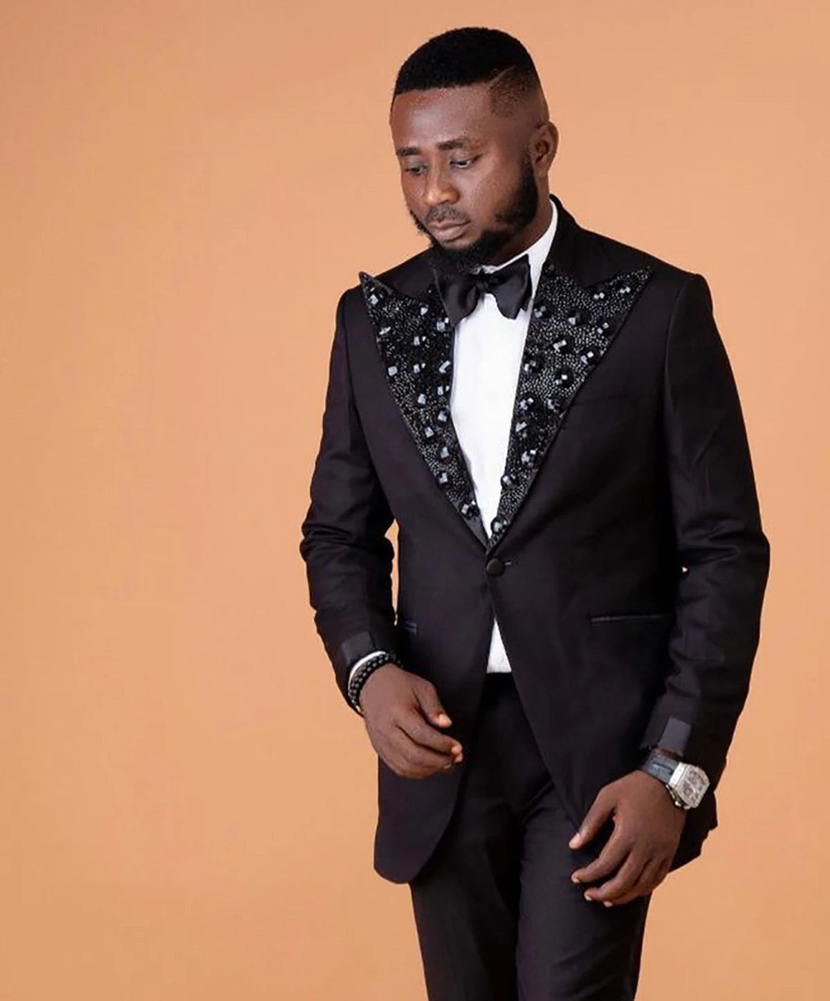 Smoking de mariage pour homme avec perles noires, coupe classique, veste à un bouton, tenue de soirée formelle pour homme, 2 pièces