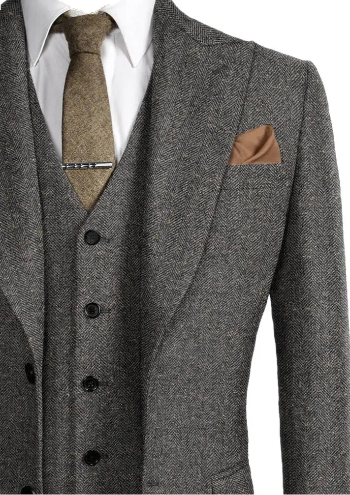 Mens Herringbone Suits 3 Pieces Wool Formal Groom Wear Work Business Customize Tuxedos Blazer Pants Vest for Wedding