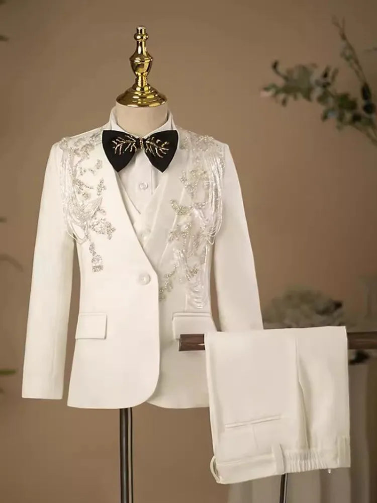 5PCS Children's Host Performance Suit Sequin Design Kids Wedding Birthday Party Evening Gown Boys Catwalk Blazer Sets