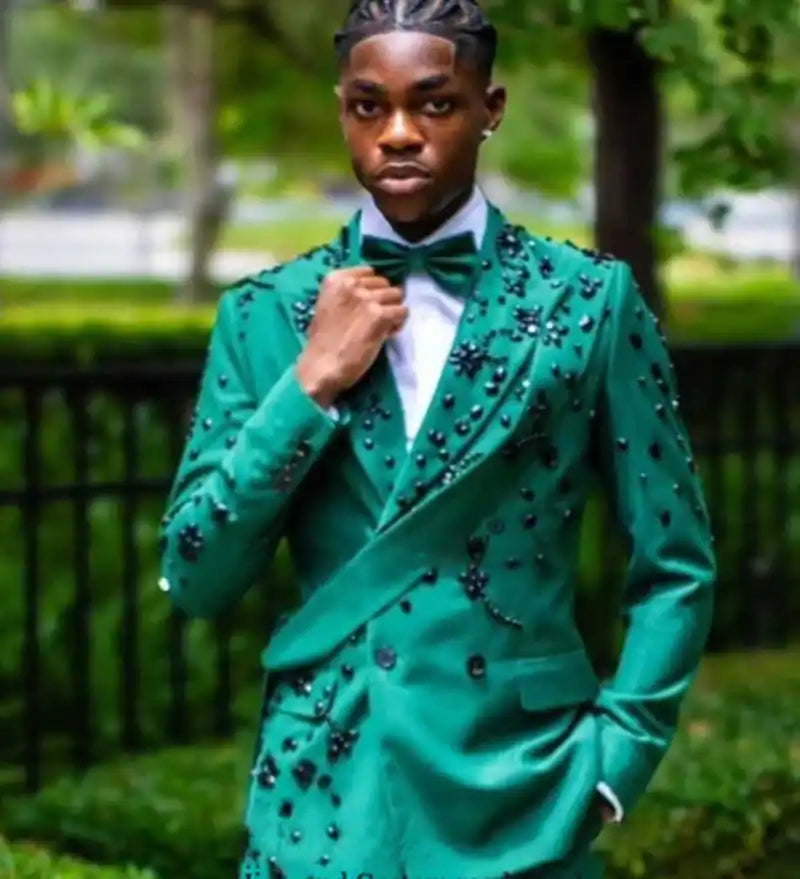 Bright Wedding Tuxedos Ribbon Crystal 2 Pcs Jacket Pants Men Suit Fashion Double Breasted Evening Business Blazer Customized