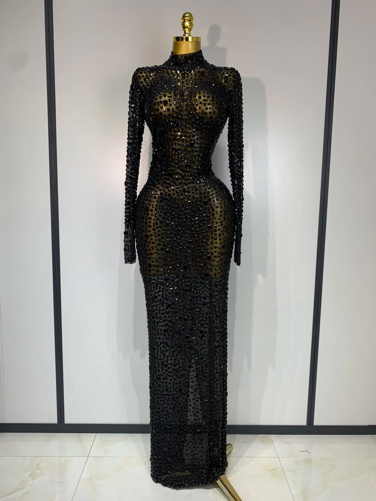 Sparkly Luxury Rhinstones Long Sleeve Elegant Party Dress Women Performance Stage Outfit Evening Birthday Prom Gown