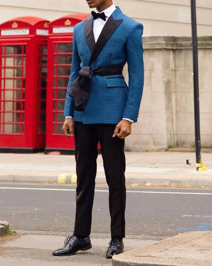 Costume homme pied-de-poule bleu sur mesure 2 pièces blazer pantalon noir smoking avec ceinture affaires moderne mariage marié bal sur mesure