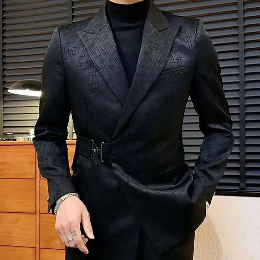 British Men Blazer Metal Buckle Belt Fashion Jacket Wedding Business Dress Coat Social Banquet Tuxedo Costume Groom Wedding Suit