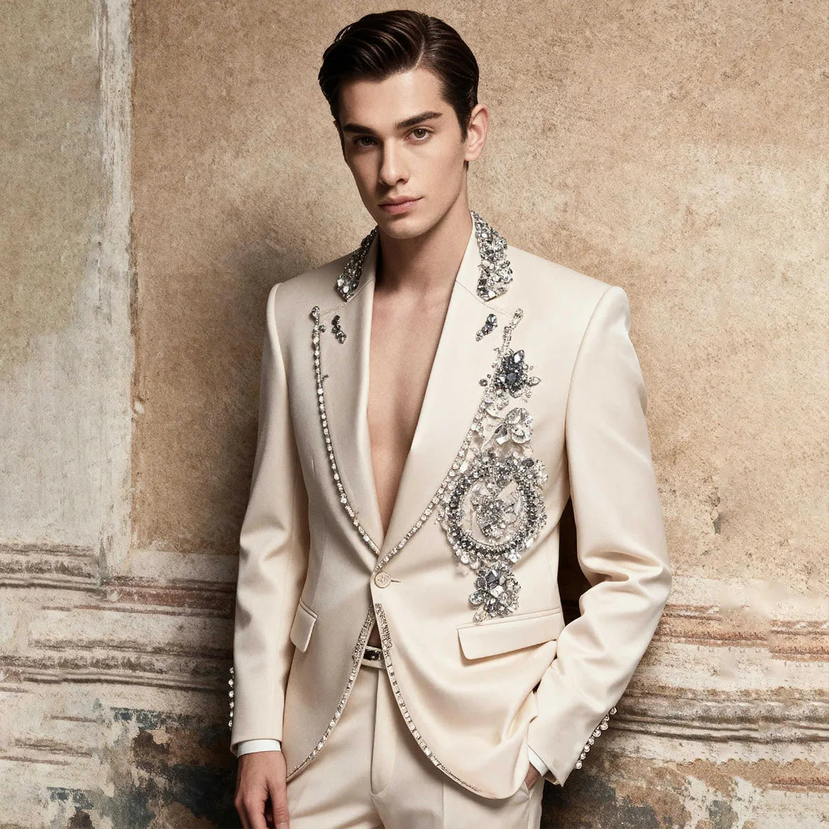 Customized Glitter Crystal Gem Men Suits Slim Fit Wedding Tuxedo Diamond 2 Piece Sets Groom Male Blazers Peak Lapel Party Homme
