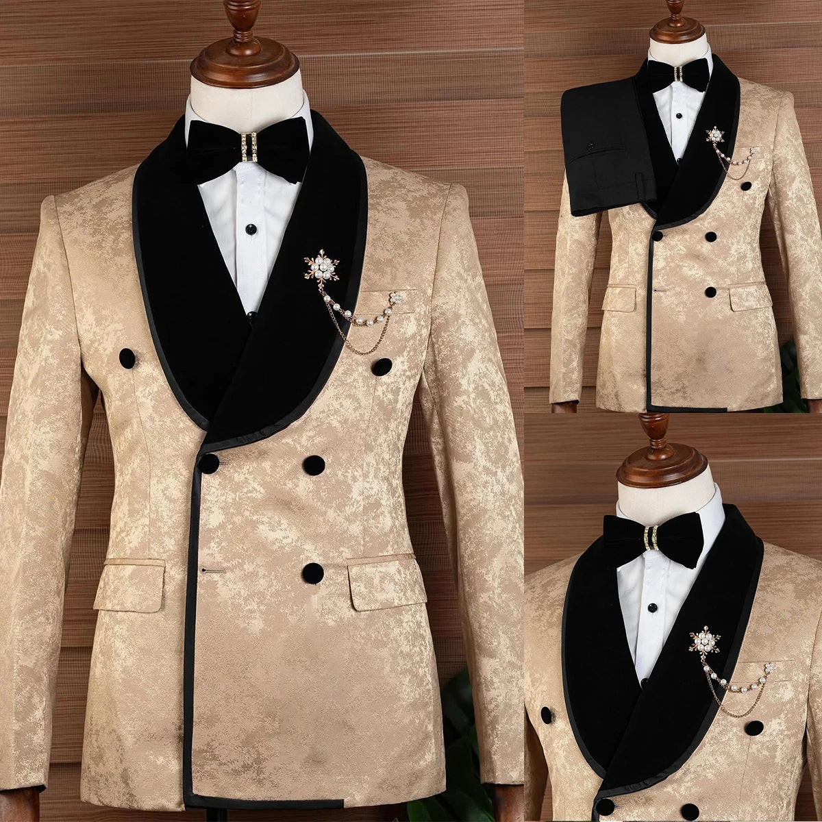 Modern Men Suits Jacquard 2 Pieces Set Tailor-Made Velvet Jacket Shawl Lapel Blazer Double Breasted Groom Customized Coat Pants
