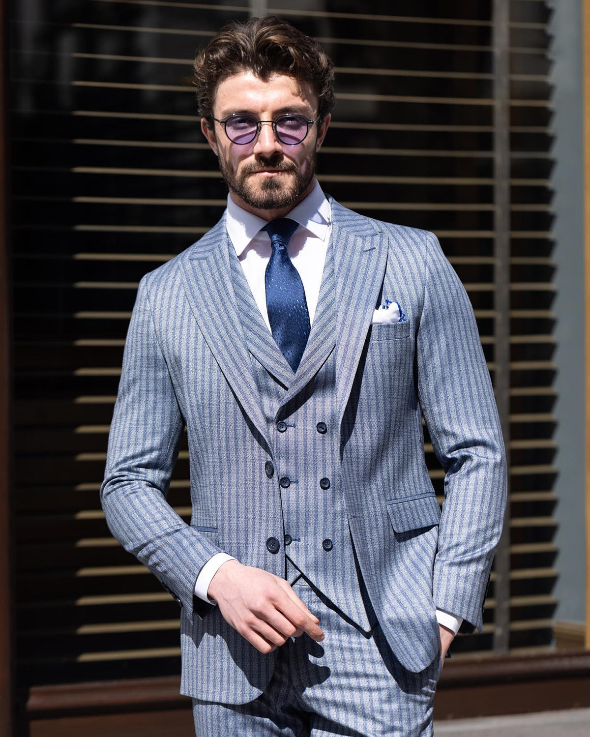 Traje de lujo para hombre, 3 piezas, blazer, chaleco, pantalón, solapa de pico, botonadura sencilla, a rayas, para boda, traje formal a medida para hombre 
