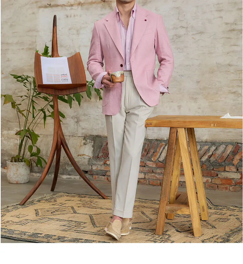 100% Linen Italian Stylish Blazer Men Casual Breathable Half Lining Vintage Suit Jacket Pink White