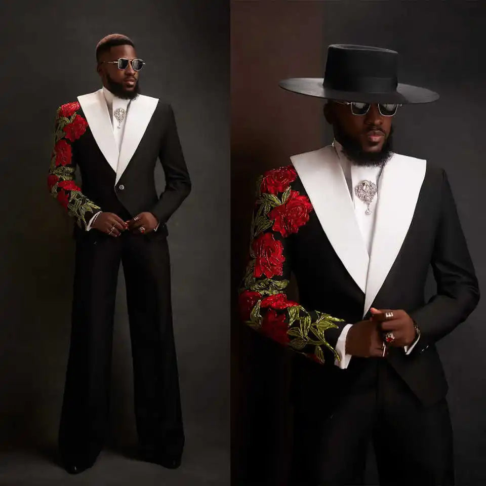 Appliques Gentle Men Suits for Wedding Peaked Lapel Single Breasted Tuxedos Groom Party 2 Pcs Blazer Pants Customized Suit