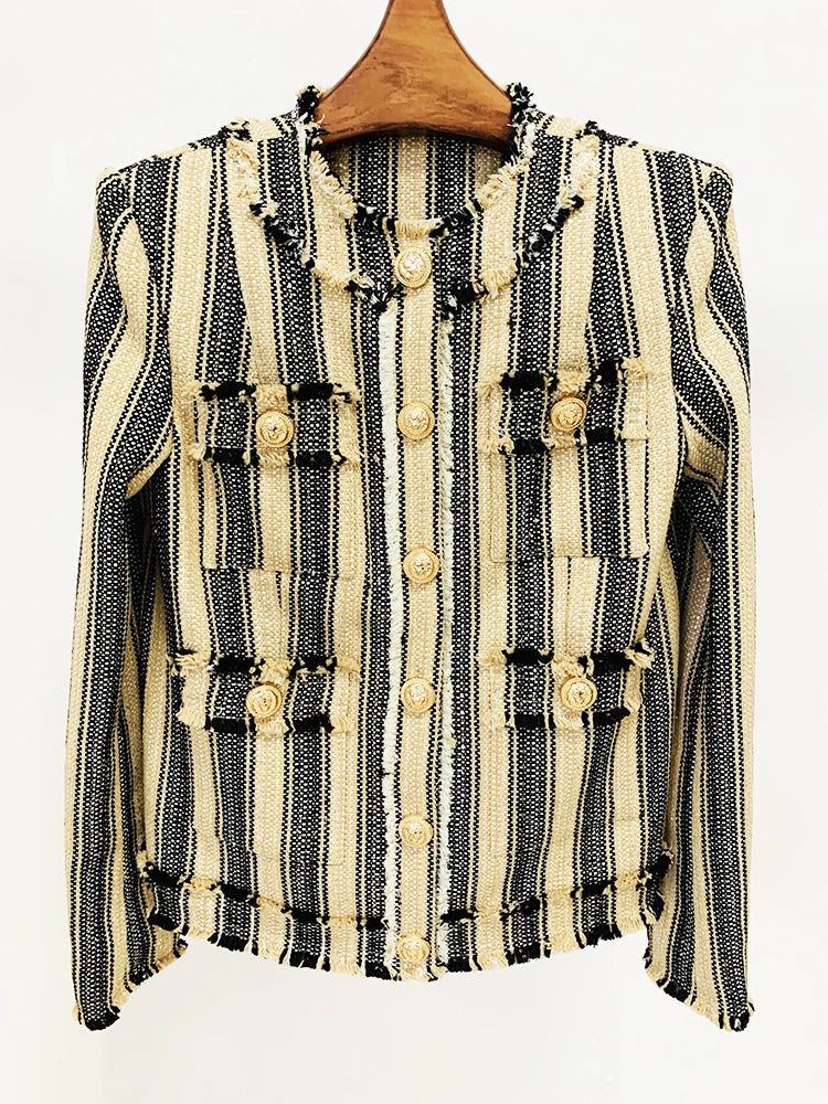 Newest Outerwear Women's Elegant Yellow Black Striped Tassel Fringed Tweed Jacket