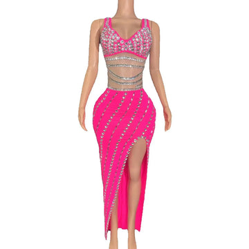 Sparkly Rhinestones Split Long Dress Women Sexy Celebrate Evening Birthday Dress Photo Shoot Wear Performance Stage Costume