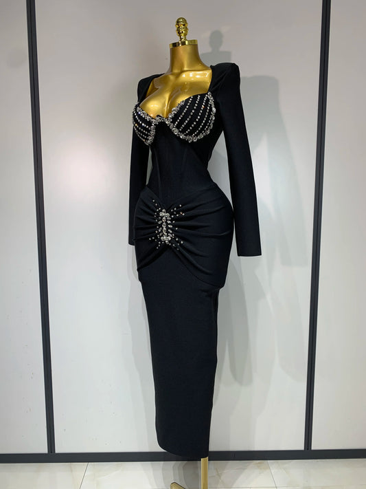 Women Sexy Luxury Sparkly Beading Bandage Dress Long Sleeve Bodycon Celebrity Party Elegant Evening Club Pary Dresses