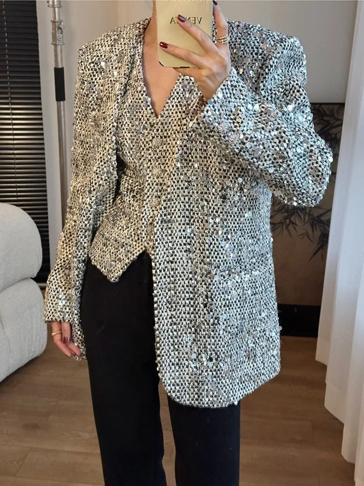 Women Shiny Sequined Tweed Jacket Punk Style Stage Show Mid Long Blazer Suit Coat Loose Fit V Neck Party Outwear Jacket