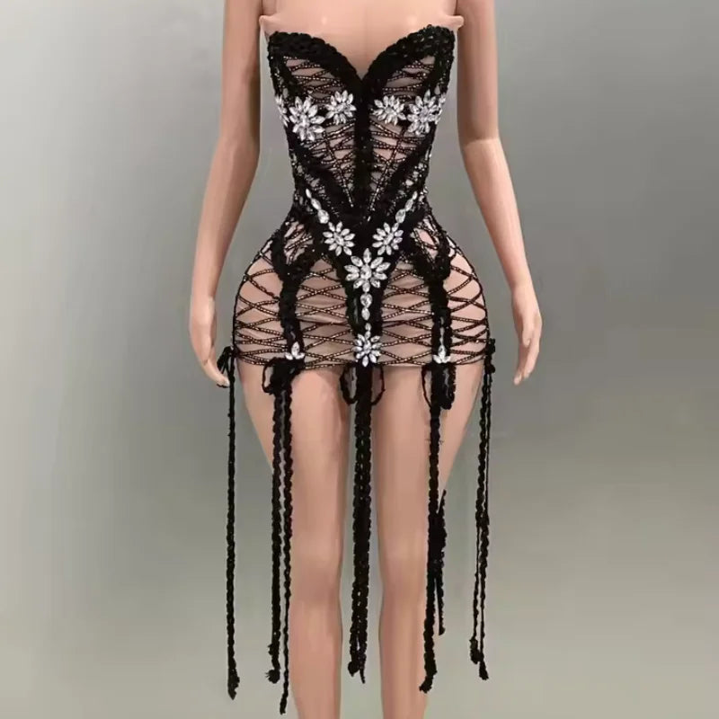 Luxurious Embroidery Diamond Long Tassel Halter Neck Mini Dress Red Carpet Goddess Dress Performance Costume