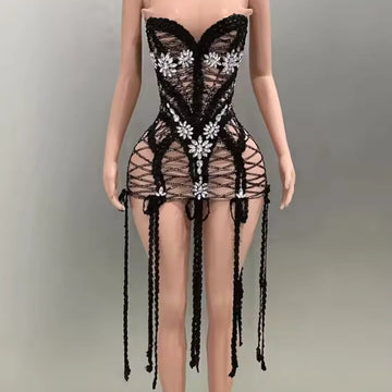 Luxurious Embroidery Diamond Long Tassel Halter Neck Mini Dress Red Carpet Goddess Dress Performance Costume