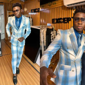 Plaid Classic Wedding Suits for Groom Notched Lapel Double Breasted Tuxedos Evening Party Prom 2 Pcs Jacket Pants Customized