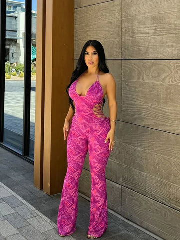 Halter Panelled Women Jumpsuits Summer New Trend Backless Bandage Low Neck Slim Overalls Female Fashion Sexy Streetwear