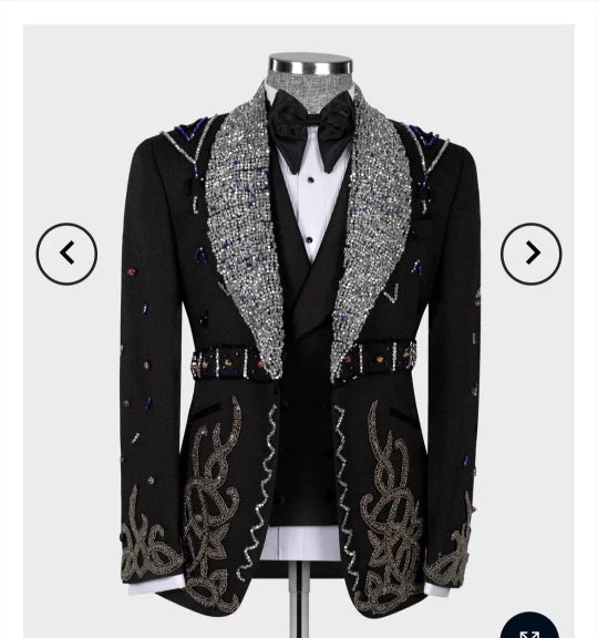 Sparkly Men's Suits Tailor-Made 3 Pieces Blazer Vest Pants One Button Sequins Satin Peaked Lapel Business Wedding Groom Tailored