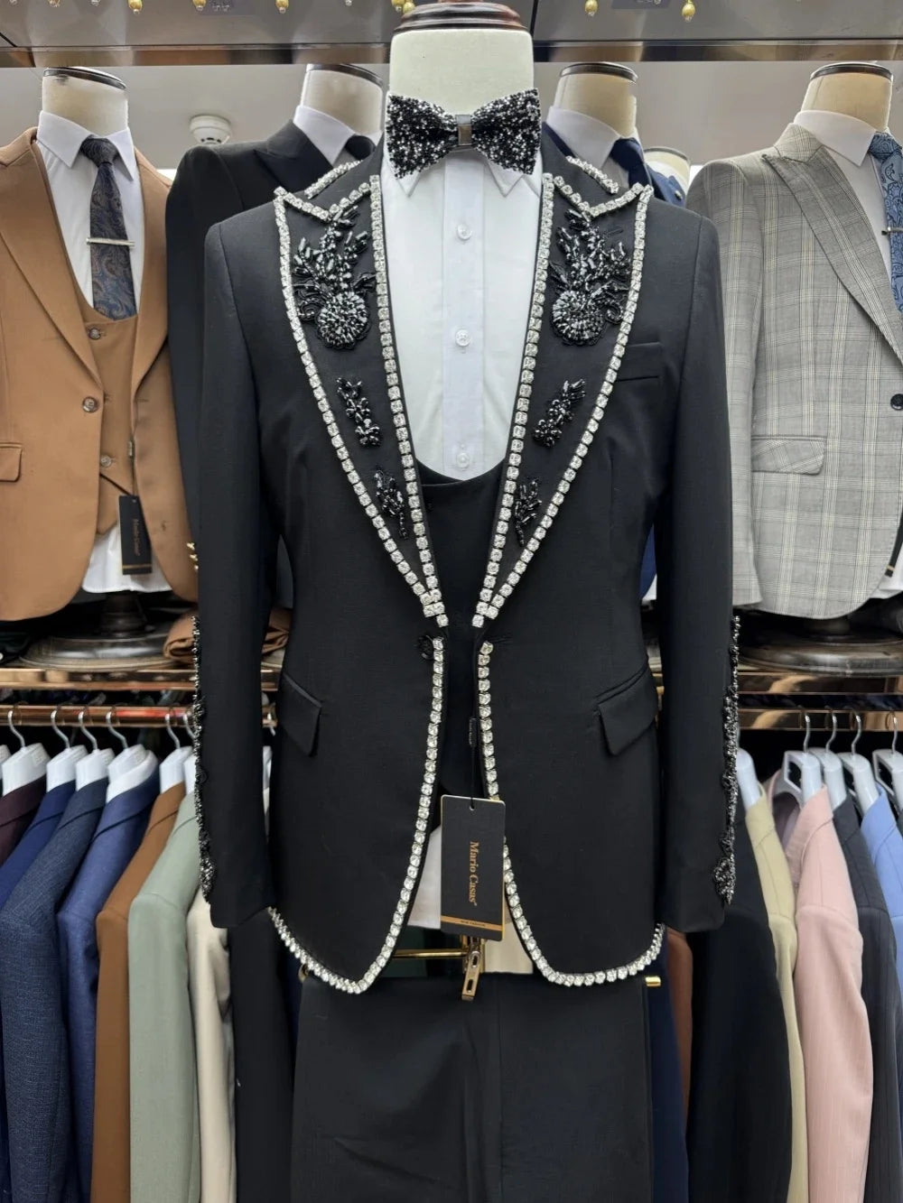 Stylish Men Suits Rhinestone Tailor-Made 2 Pieces Set Beaded Peaked Lapel Jacket Blazer One-Button Groom Customized Coat Pants