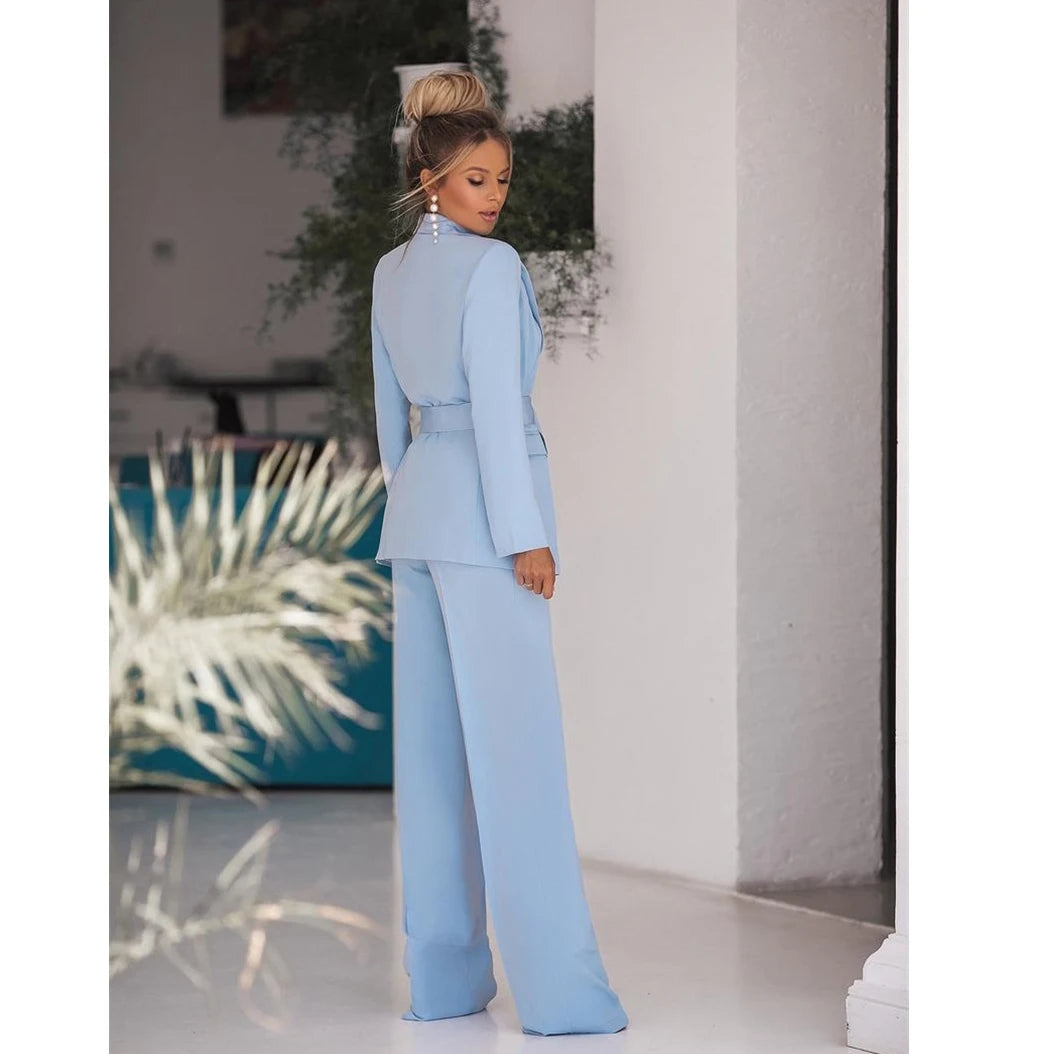 Trajes de lujo para mujer, de color liso, con solapa con muescas y doble botonadura, para oficina, informal, de dos piezas, chaqueta y pantalón 