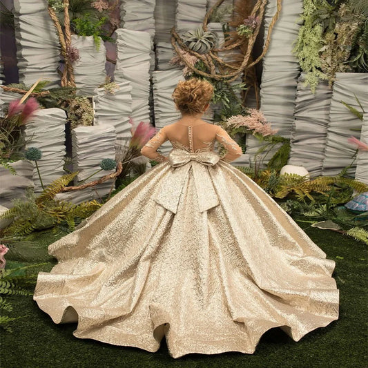 Golden Luxury Fluffy Long Fantasy Sleeve Bow Belt Flower Girl Dress Wedding Bridesmaid Birthday Celebration Eucharist Dress