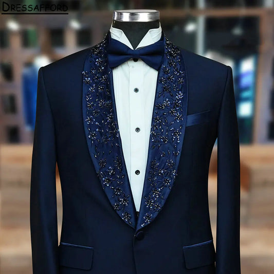 Navy Blue Men Suits for Wedding Appliques Beading Groom Tuxedos 2 Pieces Jacket Pants Prom Blazers Customized