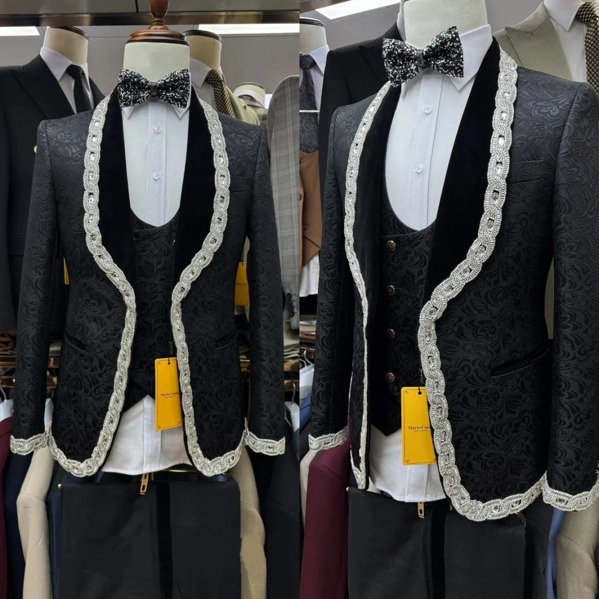 Elegant Men Suits Tailor-Made 3 Pieces Shawl Lapel Jacket Beading Blazer Jacquard One Button Groom Customized Coat Vest Pants