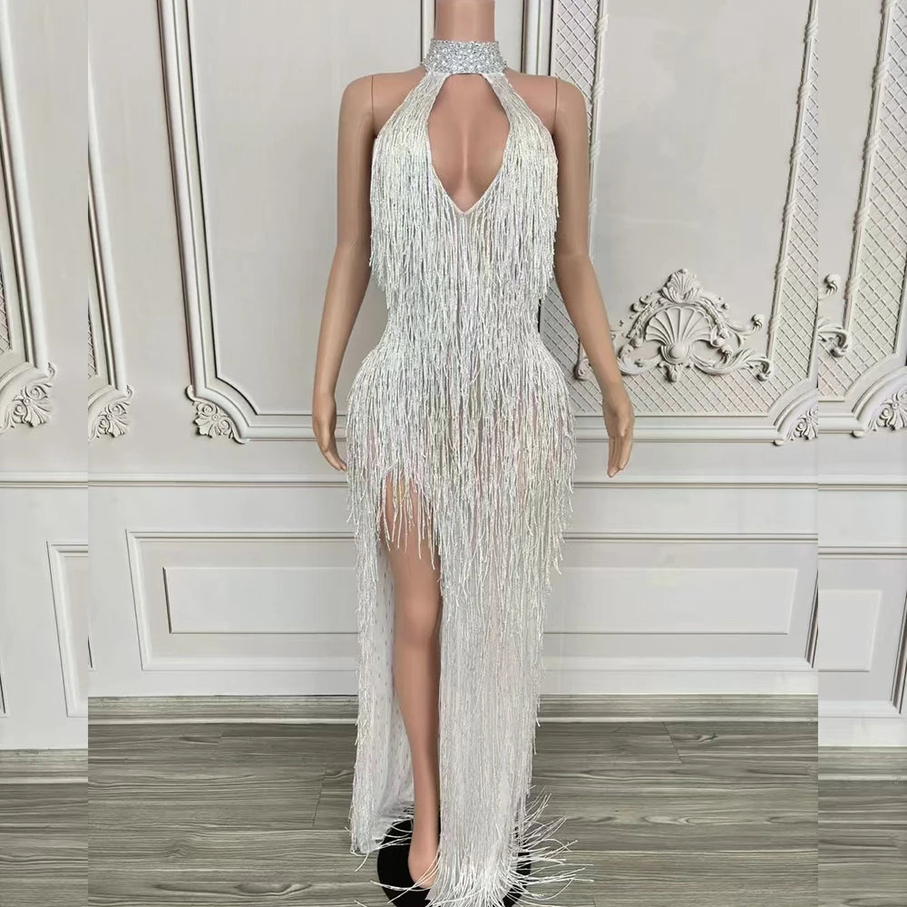 Women Sexy Shiny Crystals Tassel Luxury Long Dress Elegant Prom Gown Evening Club Birthday Wedding Party Singer Photoshoot Dress