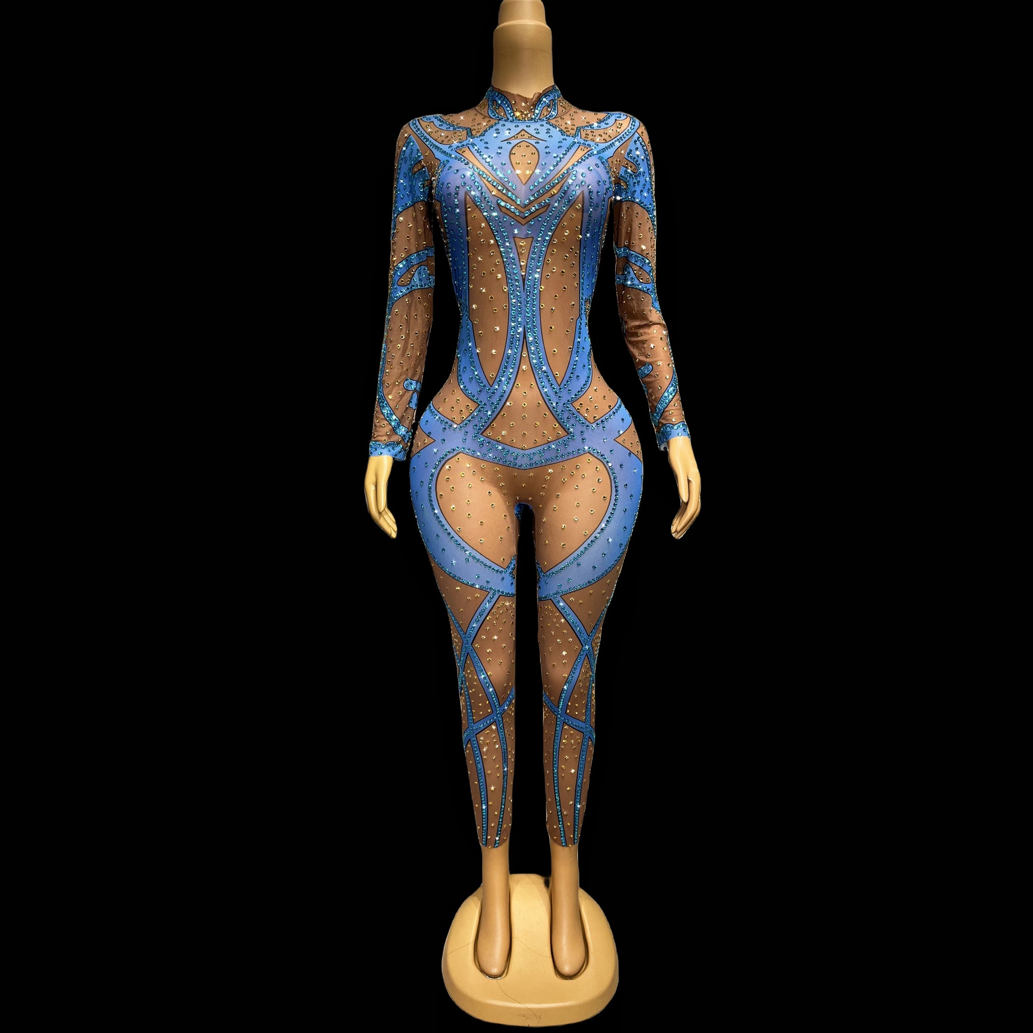 Blue Gold Rhinestone Stretch Niche Design Sensual Sexy Jumpsuits Dance Outfits Leggings Diamond Jumpsuit Outfits