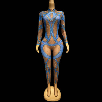 Blue Gold Rhinestone Stretch Niche Design Sensual Sexy Jumpsuits Dance Outfits Leggings Diamond Jumpsuit Outfits