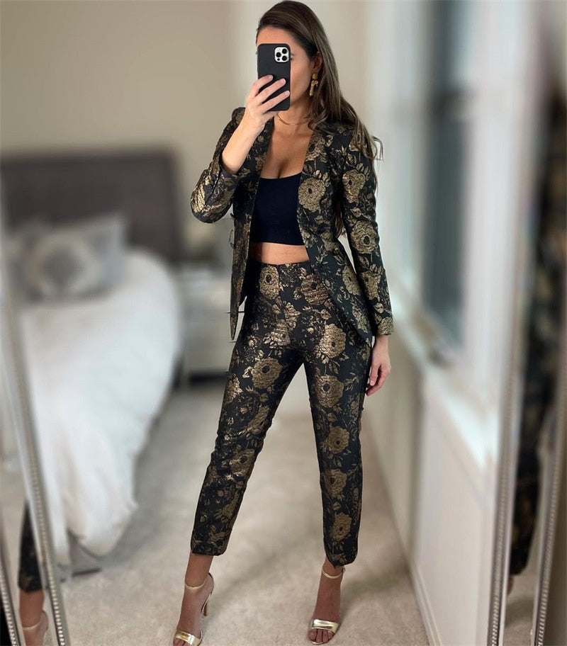Rose Jacquard Women Suits Fashion Prom Dresses V Neck Blazer+Pants 2 Piece Set Modern Custom Made Ins Hot Girl Streetwear Coat