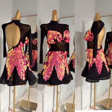 Latin Dance Competition Women's High End Customized Mesh Splicing Pink Sequins Cha Cha Samba Performance Diamond Dress