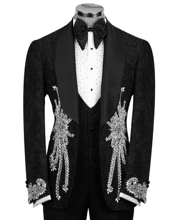 Luxury Jacquard Crystal Black Wedding Groom Tuxedo 3pcs Blazer Vest Pants Formal Prom Party Customized Men's Suits Set