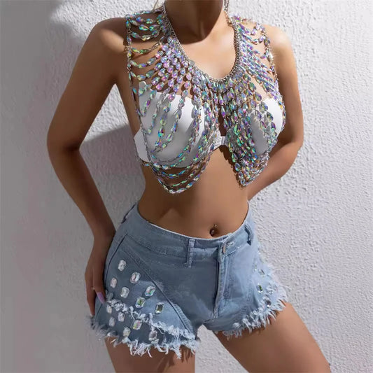 Chaîne de corps chic et brillante en pierres précieuses colorées pour femmes, sexy, multicouches, pompon, cristal, poitrine, soutien-gorge, bikini, gilet, bijoux de fête, cadeaux 