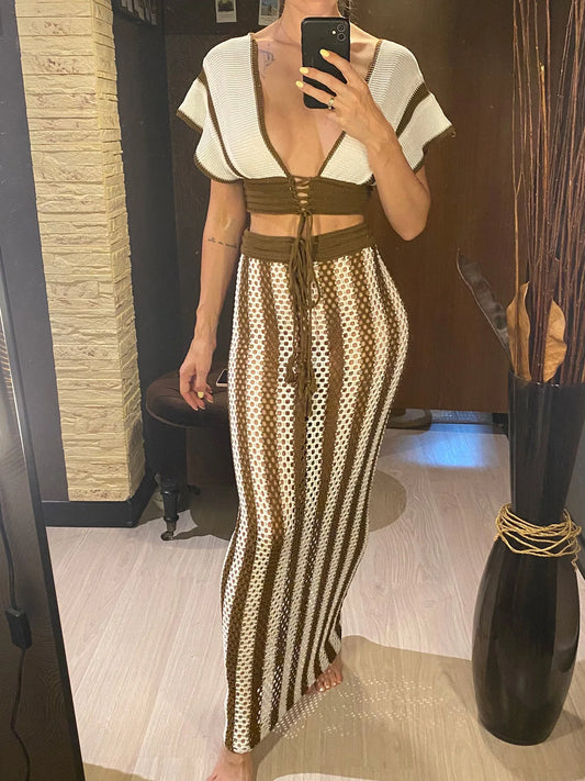Striped Short Sleeve Crochet Knitted 2 Pieces Suits Beach Cover Up Cover-ups Beach Dress Beach Wear Beachwear Female Women