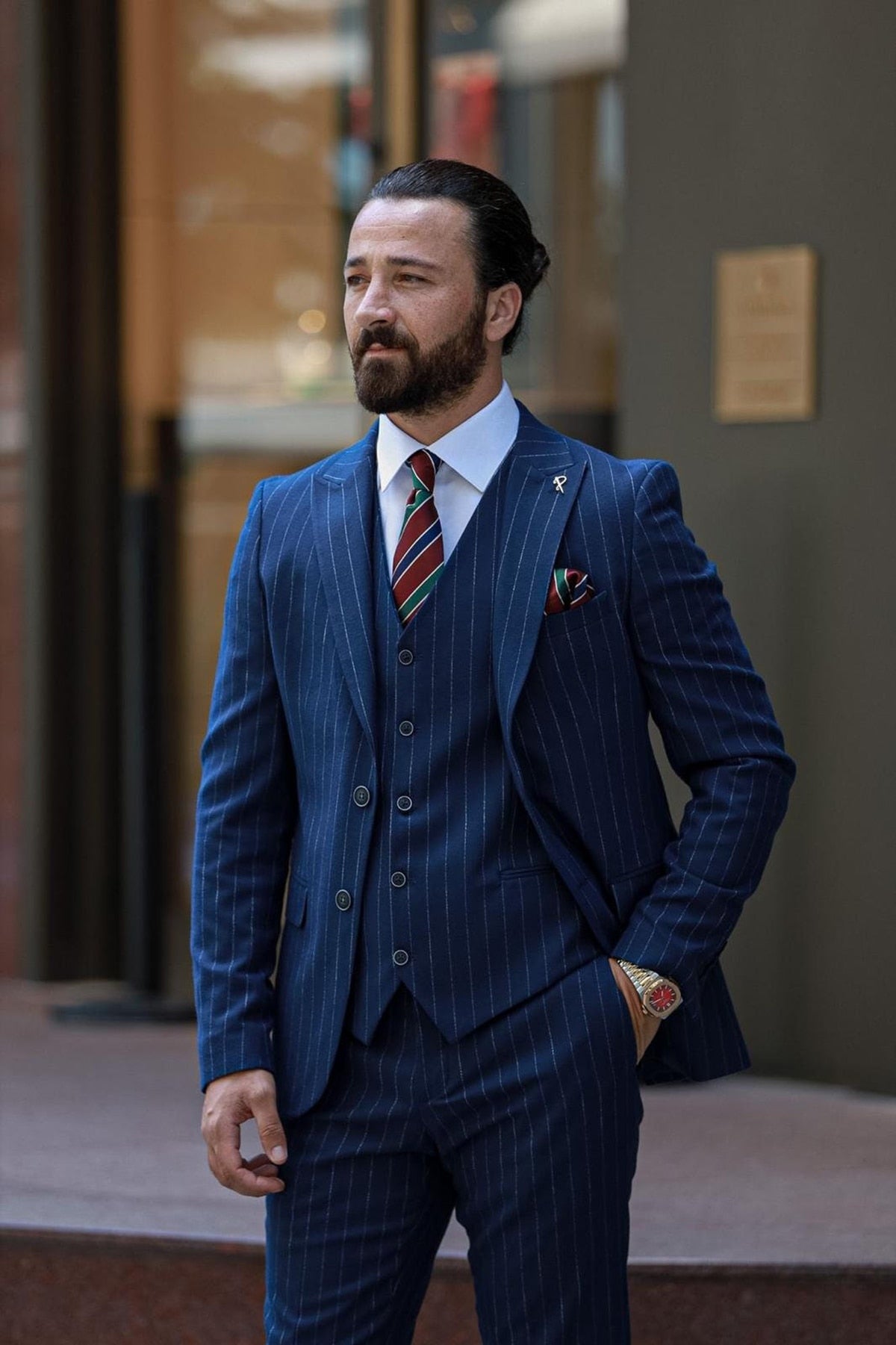 Traje de hombre azul marino de 3 piezas, blazer, chaleco, pantalón, botonadura sencilla, solapa de pico, traje de negocios a rayas para novio de boda, traje a medida para hombre 