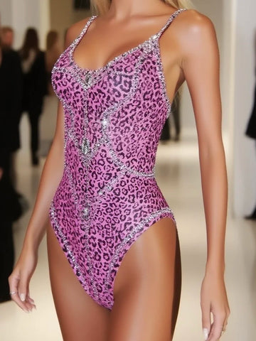 Sparkling Pink Leopard Sequin Stage Costume Women Sleeveless Bodycon Clubwear for Party Dance Performance Night Out
