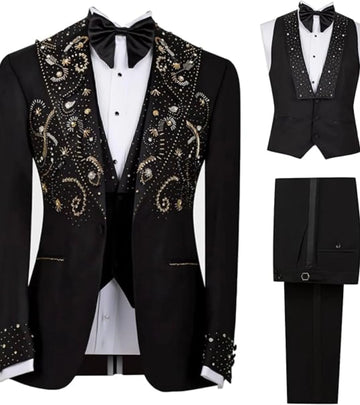 Luxury Gold Beads Men Suits Lapel Groom Best Men Party Tuxedos Custom Made 3 Pieces Sets Male Blazers Slim Fit Costumes Homme