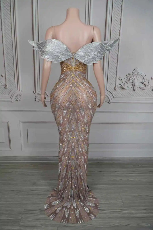 Luxury Sparkly Rhinestone Mesh Floor-length Dress Women Evening Birthday Wedding Cocktail Prom Celebrate Stage Wear Costumes