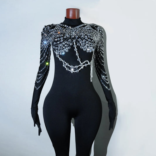 Super Sparkling Luxury Rhinestones Black Jumpsuit Singer Dancer Stage Performance Costume Nightclub Evening Party Drag Queen
