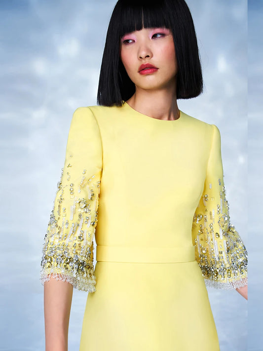 Newest Fashion Vestido Women's Half Sleeve Stunning Beaded Midi Dress